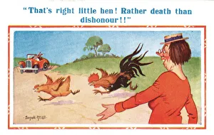 Comic postcard, cockerel chasing hen across the road Date: 20th century Comic postcard, cockerel chasing hen across the road Date: 20th century