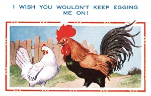 Comic postcard, cockerel and hen flirtation Comic postcard, cockerel and hen flirtation