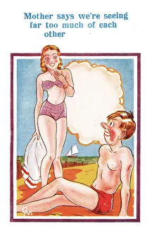 Comic postcard, Couple on the beach - seeing far too much of each other Date Comic postcard, Couple on the beach - seeing far too much of each other Date