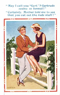 Comic postcard, Couple chatting by a country gate - cut out the rude stuff Date Comic postcard, Couple chatting by a country gate - cut out the rude stuff Date