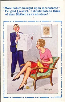 Comic postcard, Couple discussing incubators for babies Date: 20th century Comic postcard, Couple discussing incubators for babies Date: 20th century