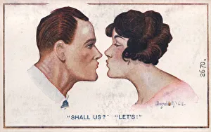 Comic postcard, Couple about to kiss Date: circa 1918 Comic postcard, Couple about to kiss Date: circa 1918