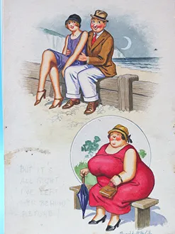 Comic postcard, Couple and plump lady Comic postcard, Couple and plump lady