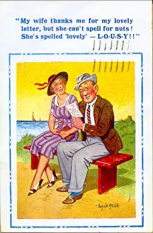 Comic postcard, Couple at seaside - letter from wife Date: 20th century Comic postcard, Couple at seaside - letter from wife Date: 20th century