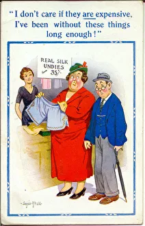Comic postcard, Couple at an underwear counter - real silk undies Date: 20th century Comic postcard, Couple at an underwear counter - real silk undies Date: 20th century