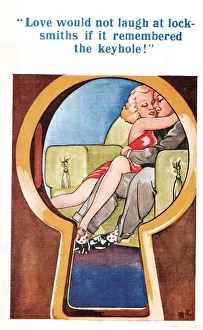 Comic postcard, couple viewed through a keyhole Date: 20th century Comic postcard, couple viewed through a keyhole Date: 20th century
