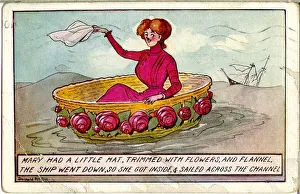 Comic postcard, Edwardian woman at sea in large hat Comic postcard, Edwardian woman at sea in large hat