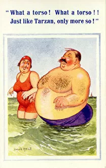 Postcard Collection: Comic postcard, Enormous man with woman in the sea Date: 20th century