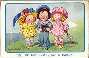 Comic postcard, Two girls with a sailor Date: 20th century Comic postcard, Two girls with a sailor Date: 20th century