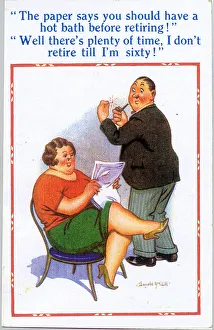Comic postcard, Hot bath before retiring Date: 20th century Comic postcard, Hot bath before retiring Date: 20th century