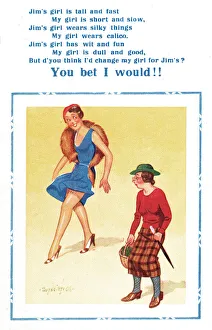 Comic postcard, Jim's girl and my girl compared Date: 20th century Comic postcard, Jim's girl and my girl compared Date: 20th century