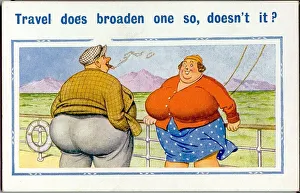 Comic postcard, Large couple on deck of ship Date: 20th century Comic postcard, Large couple on deck of ship Date: 20th century