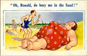 Comic postcard, Large woman in red swimsuit on the beach Date: 20th century Comic postcard, Large woman in red swimsuit on the beach Date: 20th century