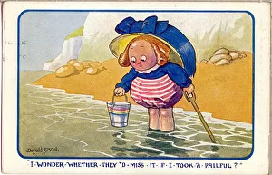 Comic postcard, Little girl paddling at the seaside Date: 20th century Comic postcard, Little girl paddling at the seaside Date: 20th century