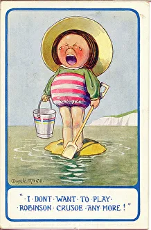 Comic postcard, Little girl at the seaside, marooned on a pile of sand Comic postcard, Little girl at the seaside, marooned on a pile of sand