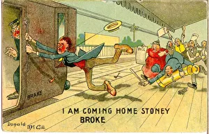 Comic postcard, Man racing for the train, pursued by his creditors Date: 20th century Comic postcard, Man racing for the train, pursued by his creditors Date: 20th century