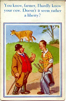 Comic postcard, Man reluctant to milk a cow Date: 20th century Comic postcard, Man reluctant to milk a cow Date: 20th century