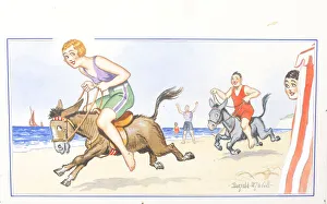 Comic postcard, Man and woman riding donkeys on the beach Date: 20th century Comic postcard, Man and woman riding donkeys on the beach Date: 20th century