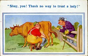 Comic postcard, milking a cow Date: 20th century Comic postcard, milking a cow Date: 20th century
