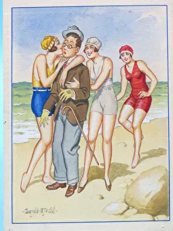 Comic postcard, Shy man with pretty women on the beach Comic postcard, Shy man with pretty women on the beach