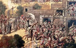 Prints of Conquest of Mexico (1519). Detail of the attempt to pull down the cross facing the idols and stone throwing and arrow shots against Montezuma (1466-1520). Conching by Miguel Gonza?lez (1698). Detail Aztec Empire Prints: Conquest of Mexico (1519) Print: Montezuma Faced with Idolatry