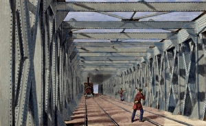 Construction of the railway. Engraving, 1860. Colored Construction of the railway. Engraving, 1860. Colored