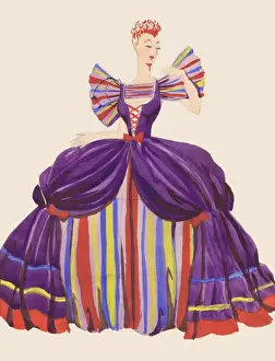 Prints of Costume design by Michael Bronze for woman in purple costume Date: 1950s Fashion Prints: 1950s Purple Costume Design Print