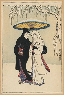 Couple under umbrella in the snow (crow and heron) Couple under umbrella in the snow (crow and heron)
