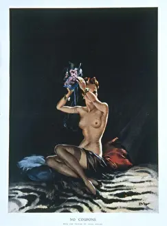 A woman in stockings places a hat on her head, partially undressed