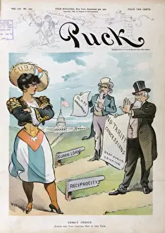 Prints of Cubas choice. Illustration shows a young woman wearing a hat labeled Cuba, standing, with her arms crossed, trying to decide which of three paths to choose; the first path Related Prints: Mary Evans Prints Online: Cubas Choice Print, 1902