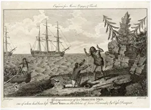 Prints of William Dampier witnesses the reunion of Mesquito men on the Islands of Juan Fernandez Chile Prints: Dampier in Chile Print: Mesquito Men on Juan Fernandez Islands