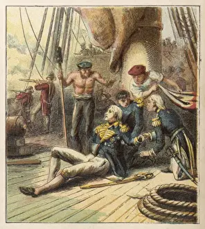 Prints of Admiral Nelson lies mortally wounded at the Battle of Trafalgar Trafalgar Square Prints: Print of Admiral Nelson mortally wounded at the Battle of Trafalgar