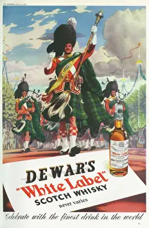 Prints of This advertisement for Dewars White Label Scotch whiskey encourages viewers to celebrate the Coronation with the finest drink in the world'. Features a procession of Royal Scots Dragoon Guards Royal Scots Greys Prints: Dewars Coronation Advertisement Print 1953