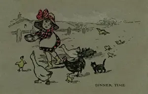 Dinner Time Print: Young Girl Feeding Ducks and Chickens in a Farmyard