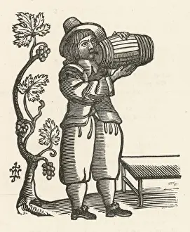 Print of a Woman Drinking from a Wooden Barrel, circa 1670