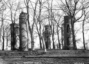 Prints of Dungannon Castle - a view of derelict castle towers amongst trees. (Location: Northern Ireland; County Tyrone; Dungannon). Date: circa early 1900s Tyrone Prints: Dungannon Castle Print - Early 1900s View