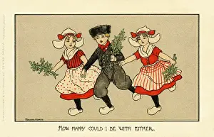 Prints of How happy could I be with either. Amorous Dutch boy with 2 girls holding sprigs of holly. Artist: Florence Hardy Date: 1904 Florence Hardy Prints: Dutch Christmas Print, 1904