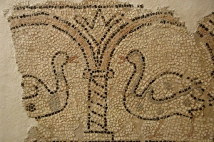 Early Christian art. Mosaico depicting two swans. Corfu. Gre Early Christian art. Mosaico depicting two swans. Corfu. Gre