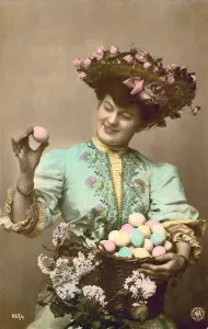 Easter Egg Collection Prints: Lady with a basket full of decorated Easter eggs