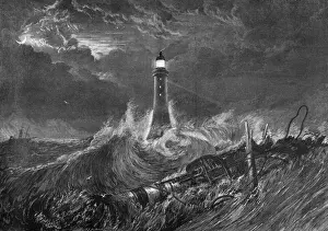 1878 Engraving of the Eddystone Lighthouse in Storm, Print