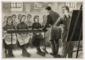 Vintage Print of Girls School Classroom with Two Male Teachers