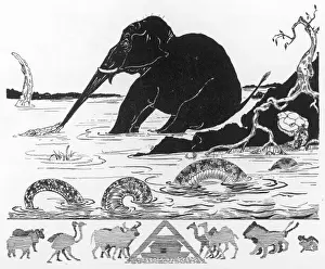 Prints of THE ELEPHANTs CHILD Kiplings tale of how the elephant got his trunk. A crocodile tugs at the elephants nose, and thus he develops a trunk K Prints: The Elephant's Child: A Kipling Print of the Trunk's Origin
