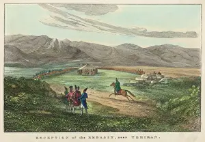 Prints of Reception of the Embassy, near Tehran : following preliminary negotiations depicted here, a British mission (and subsequently an embassy) was set up in Tehran Related Prints: British Embassy at Tehran Reception Print 1822