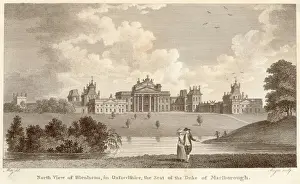 Prints of View from the north, with a gentleman and lady walking by the lake Lake Prints: Blenheim Palace Print: Gentleman and Lady by the Lake