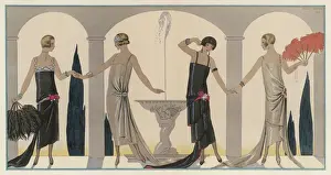 Prints of Sensually draped dresses with narrow beaded straps, square necklines and detailing over one hip - some with double or triple skirts, uneven hemlines and trains. N.B feather fans Historical Fashion Trends Prints: Evening Dresses Print
