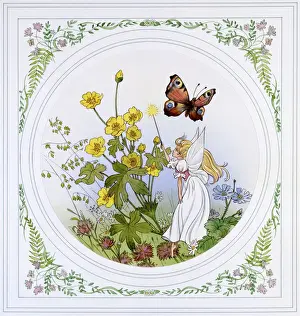 Prints of Fantasy scene of a fairy casting a magic spell with her wand over a clump of buttercups as a Peacock Butterfly flaps serenely past Peacock Prints: Fairy Casting a Magic Spell Print