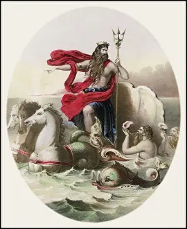 Prints of Hippocampi, beasts who were half horse, half fish, draw Neptunes chariot across the sea Related Prints: Neptune Hippocampi Pulling Chariot Print