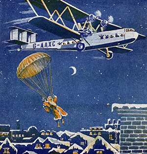 Father Christmas parachuting out of a plane Father Christmas parachuting out of a plane