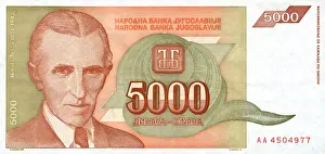 Nikola Tesla Prints: Nikola Tesla 5000 Dinar Banknote Print circa 1990s