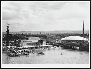 Prints of The brand new Royal Festival Hall and South Bank Exhibition with the Dome of Discovery on the right, seen from across the river Thames River Thames Prints: Festival of Britain Print: Royal Festival Hall and South Bank